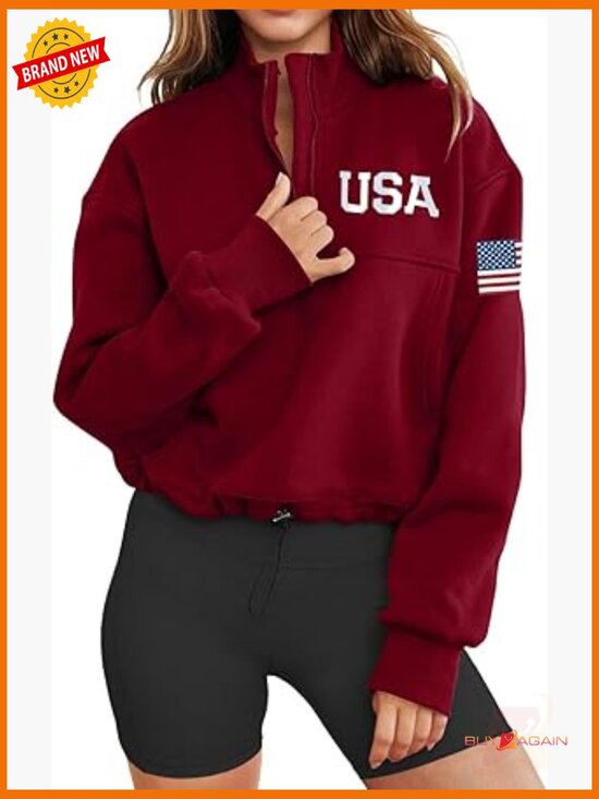 Tops - Women Long Sleeve American Flag Sweatshirt Half Zip Oversized Casual Pullover